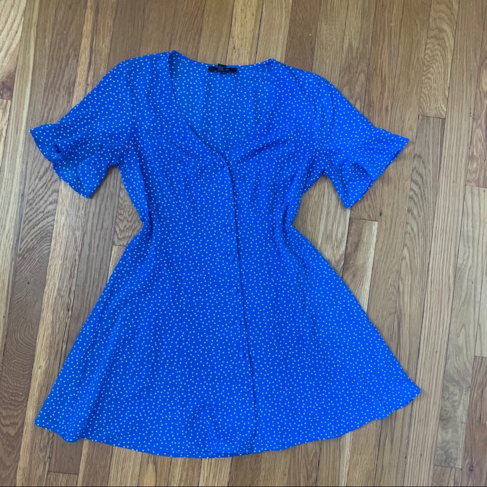 Blue and white polka dot mini dress